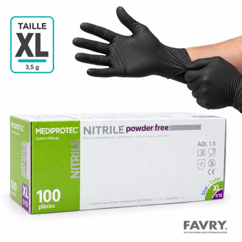 Gants nitrile noirs XL non poudrés | Favry Emballage