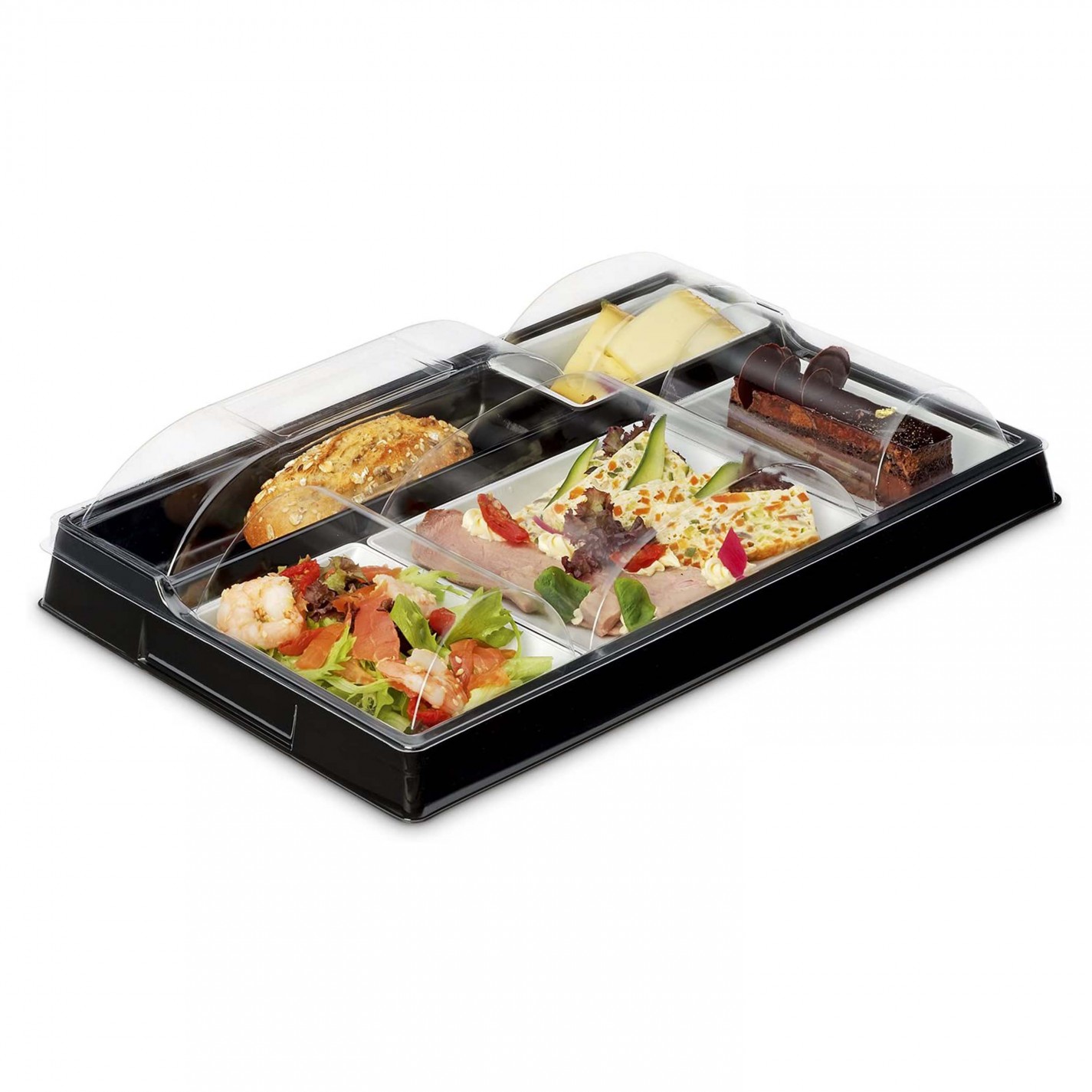 PLATEAU REPAS 5 CASES+COUV PLASTIQUE NOIR/BLANC /20