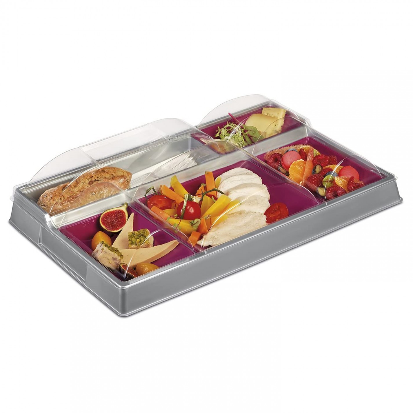 PLATEAU REPAS 5 CASES+COUV PLASTIQUE NACRE PRUNE /20