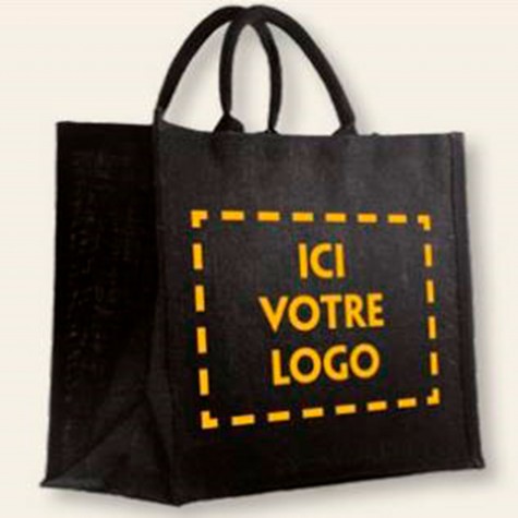 SAC CABAS TOILE DE JUTE NOIR 270G INTERIEUR LAMINE ANSES COTON 420+190X350MM