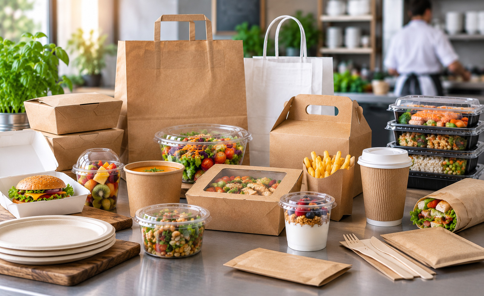Différents emballages alimentaires professionnels adaptés au transport et à la vente à emporter