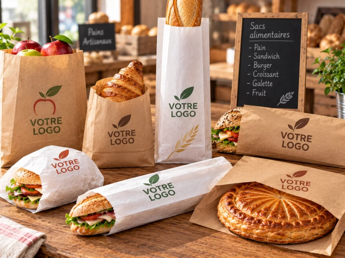 Assortiment de sacs alimentaires personnalisés pour boulangerie et restauration à emporter