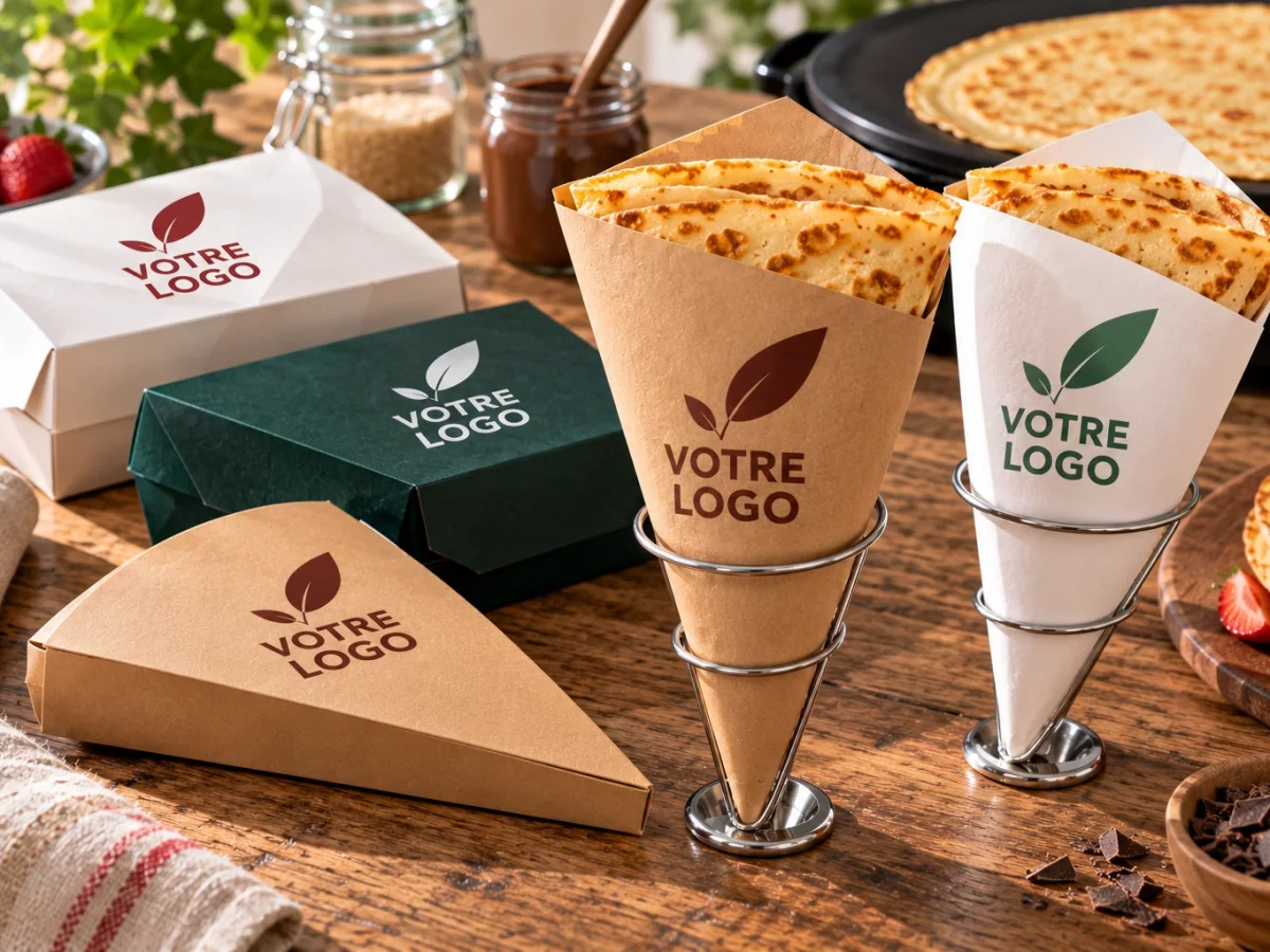 Emballage crêpe personnalisé refermé autour d’une crêpe avec impression Votre Logo