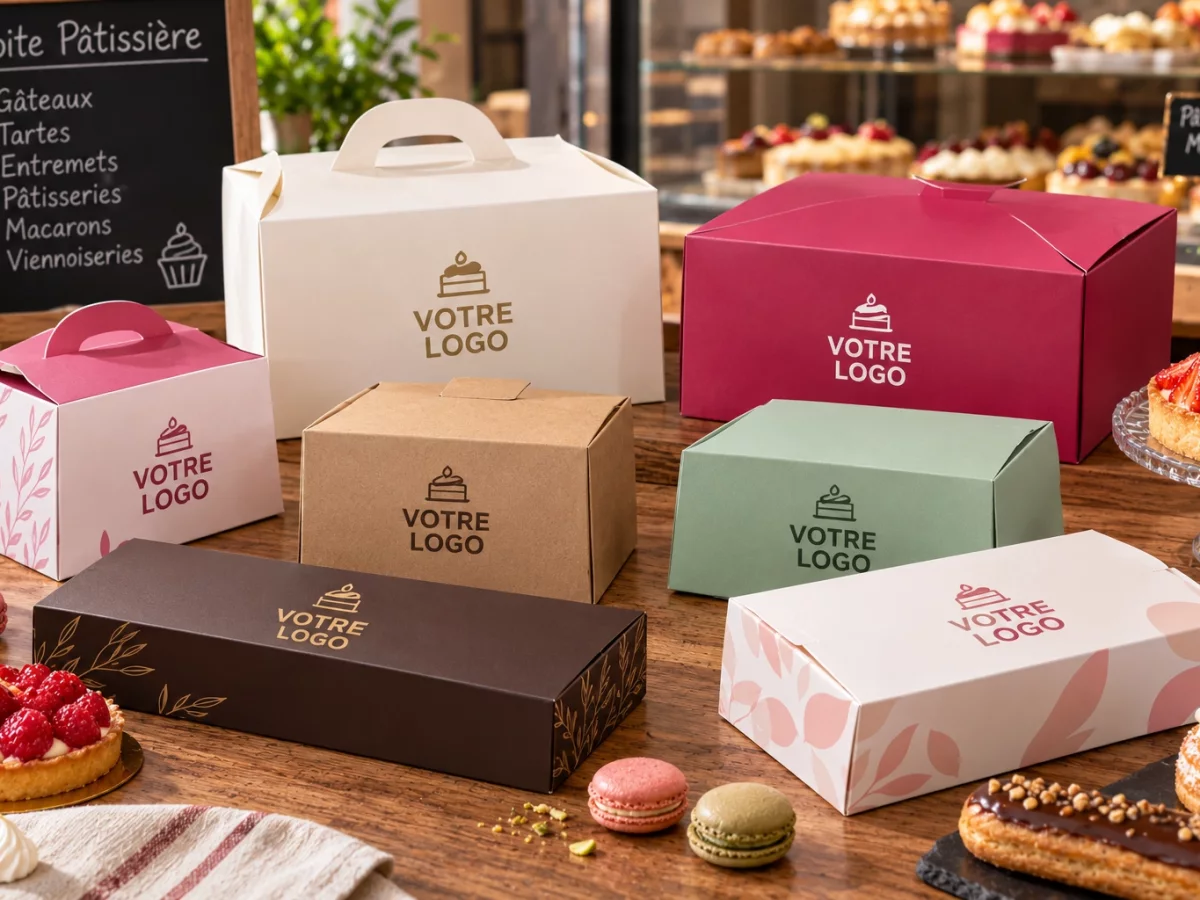 Assortiment de boîtes pâtissières personnalisées de différentes couleurs