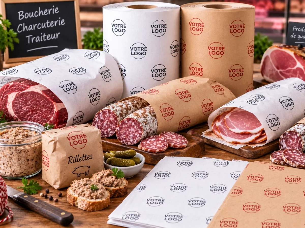 Rouleaux et feuilles de papier alimentaire personnalisés « VOTRE LOGO », utilisés pour emballer viandes, saucisses et charcuteries en boucherie-traiteur.
