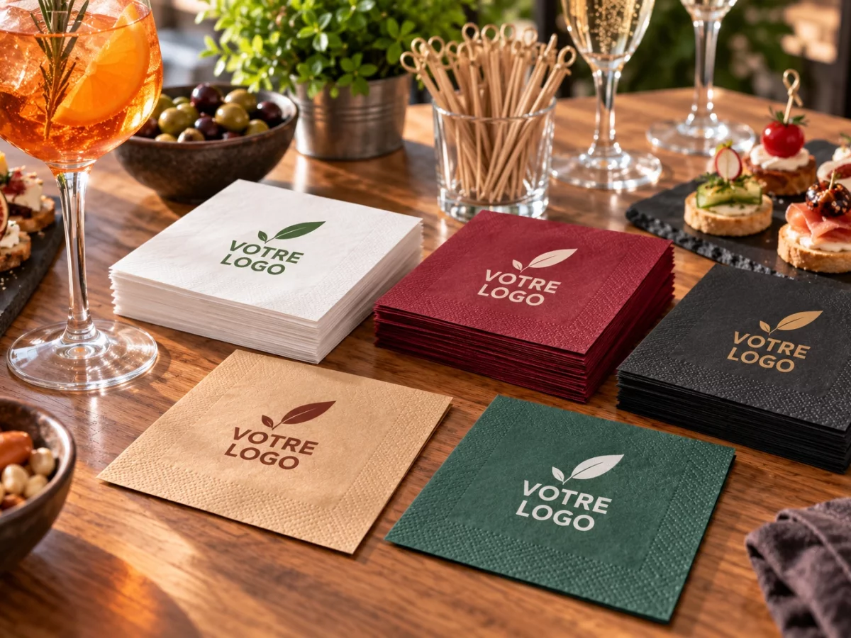 Serviettes cocktail personnalisées présentées avec des boissons et des amuse-bouches
