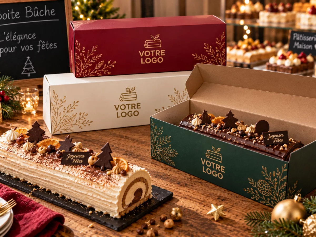 Boîtes personnalisées pour bûches pâtissières avec présentation d’une bûche de Noël
