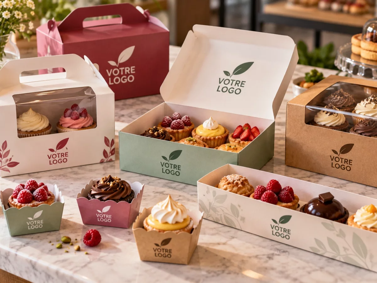 Assortiment d’emballages personnalisés pour gâteaux et pâtisseries avec impression Votre Logo