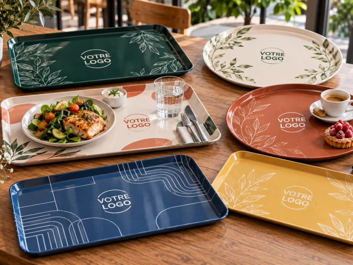 Plateaux repas réutilisables personnalisés en stratifié mélaminé, de formes rectangulaires et rondes, aux couleurs variées, avec impression « VOTRE LOGO », présentés dans un environnement de restauration.