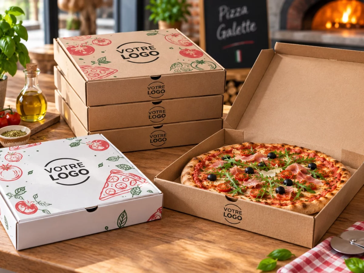 Boîtes pizza et galette personnalisées empilées avec impression Votre Logo