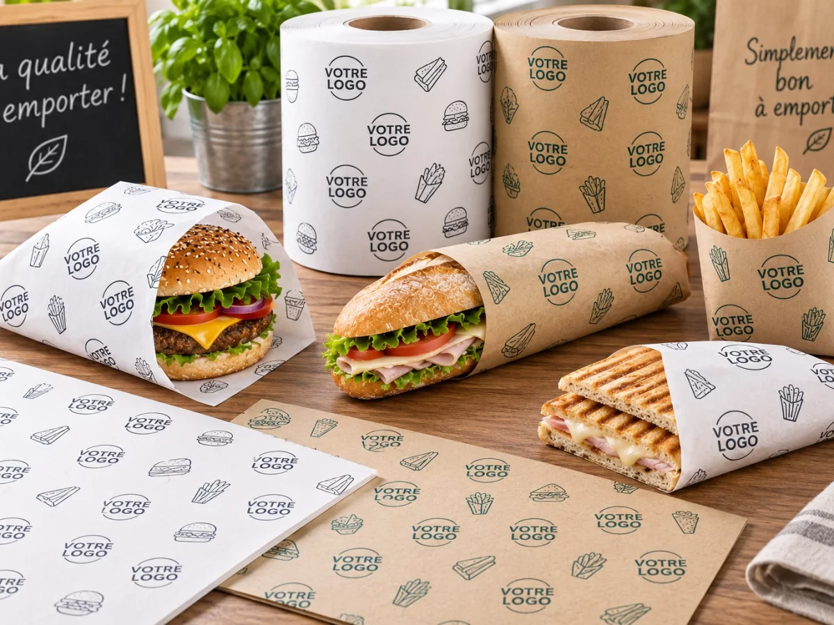 Papier d’emballage vente à emporter personnalisé avec impression Votre Logo