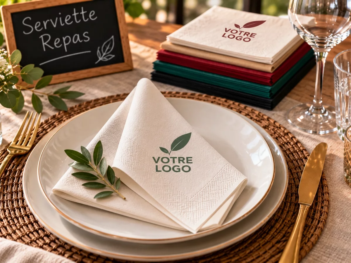 Serviette papier personnalisée pliée dans une assiette sur une table de restaurant