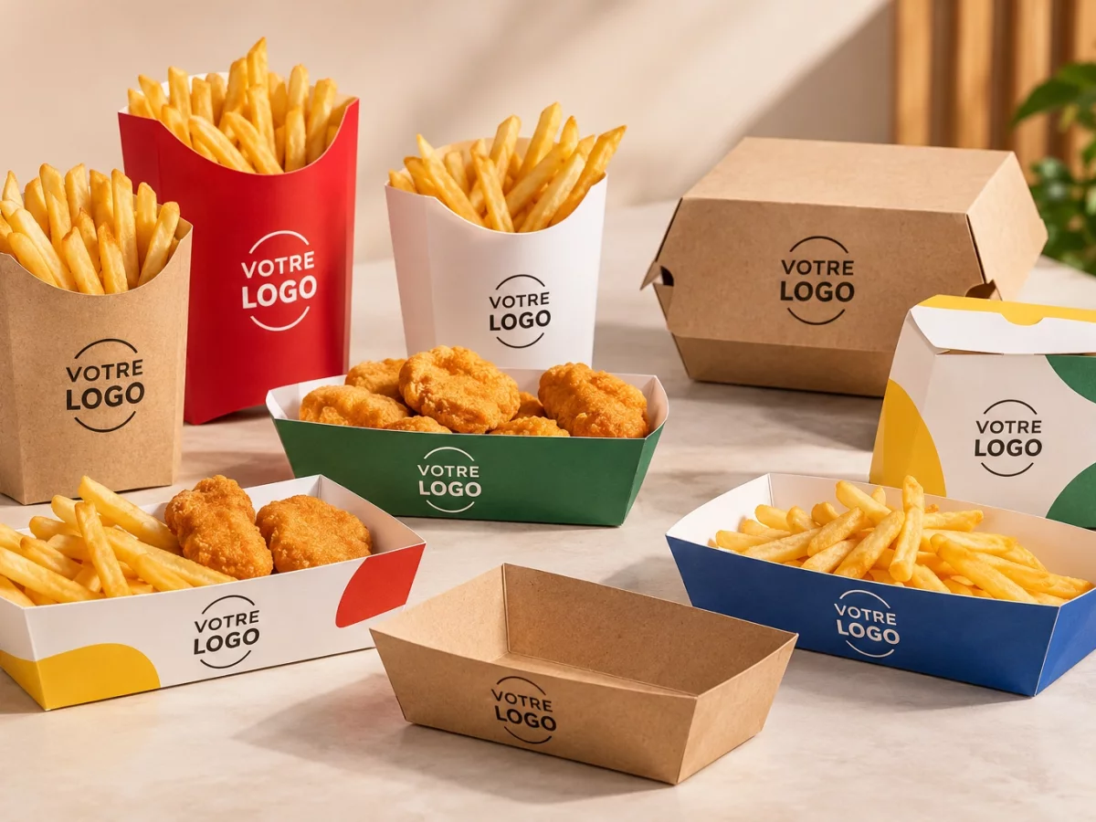 Barquettes frites et nuggets personnalisées présentées ouvertes avec impression Votre Logo